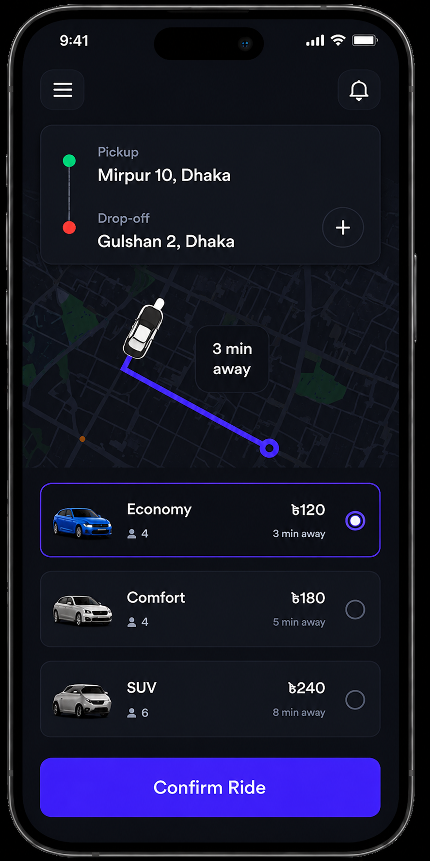 ReadyRide app booking screen