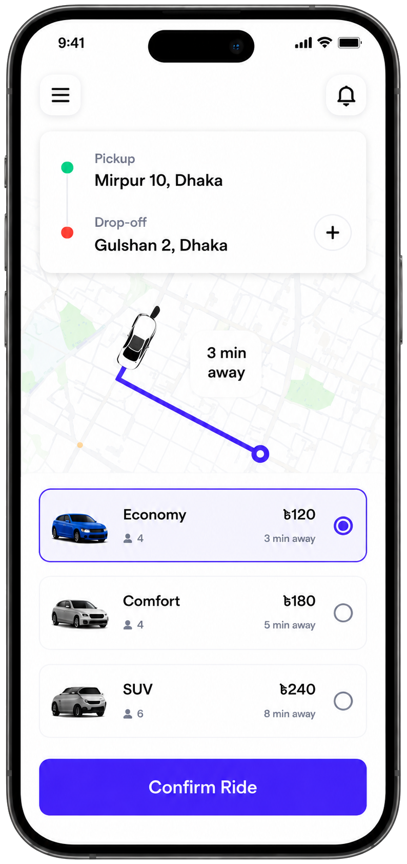 ReadyRide app booking screen